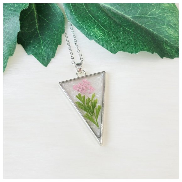 Floral Pendant Necklace Pastel Pink Green and Pearl White Pressed Dried Flowers - Picture 1 of 10